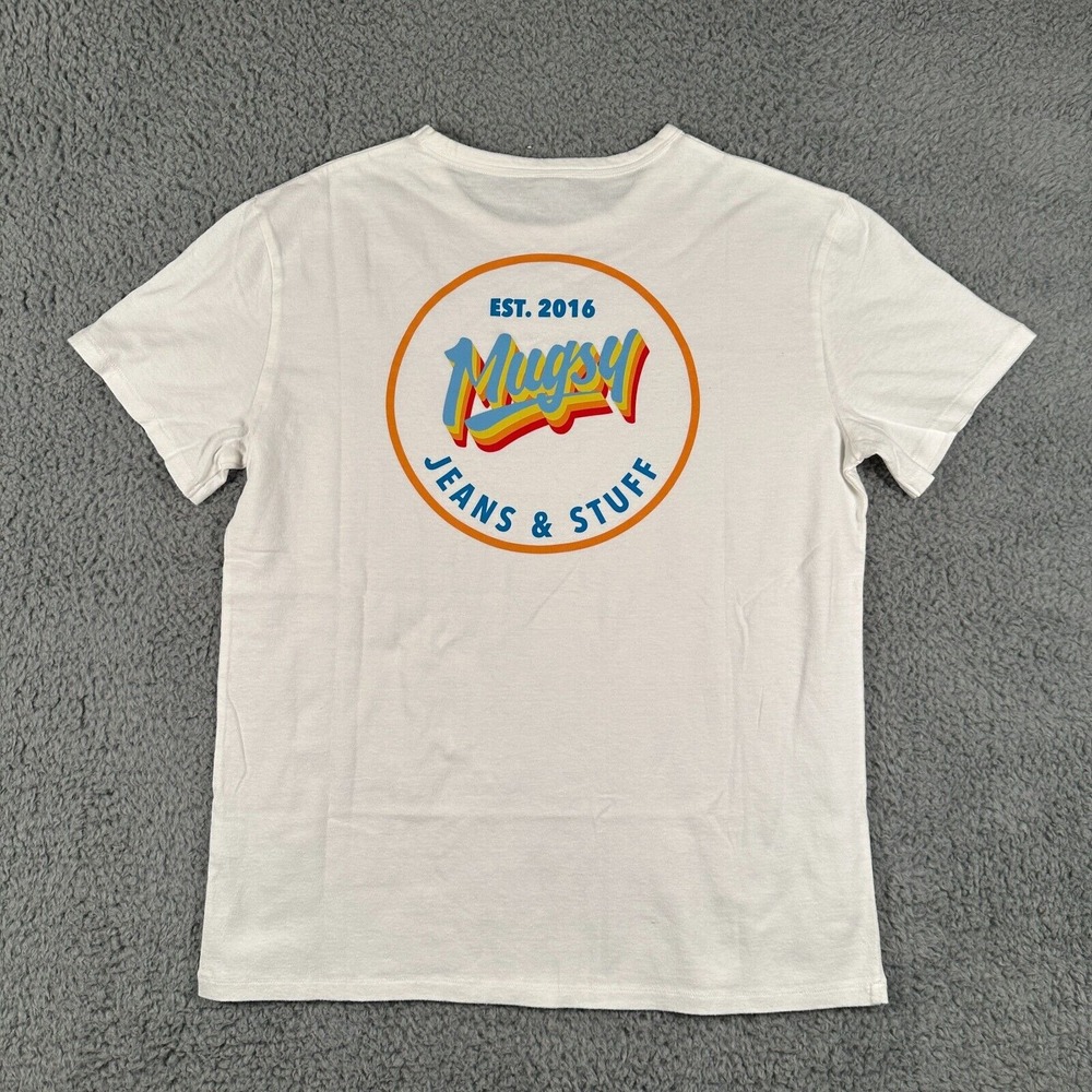 Mugsy Logo Jeans & Stuff Tee Mens Medium White Short Sleeve Cotton